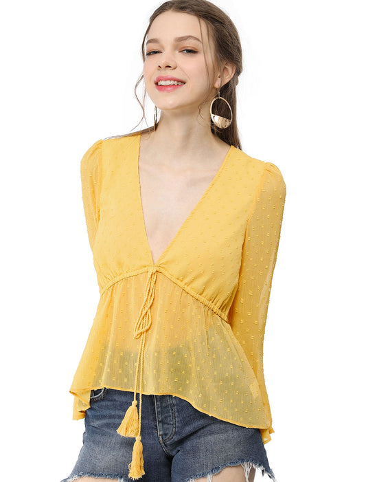 Women's Deep V Neck Chiffon Top Swiss Dots Ruffle Hem Long Sleeve Peplum Top