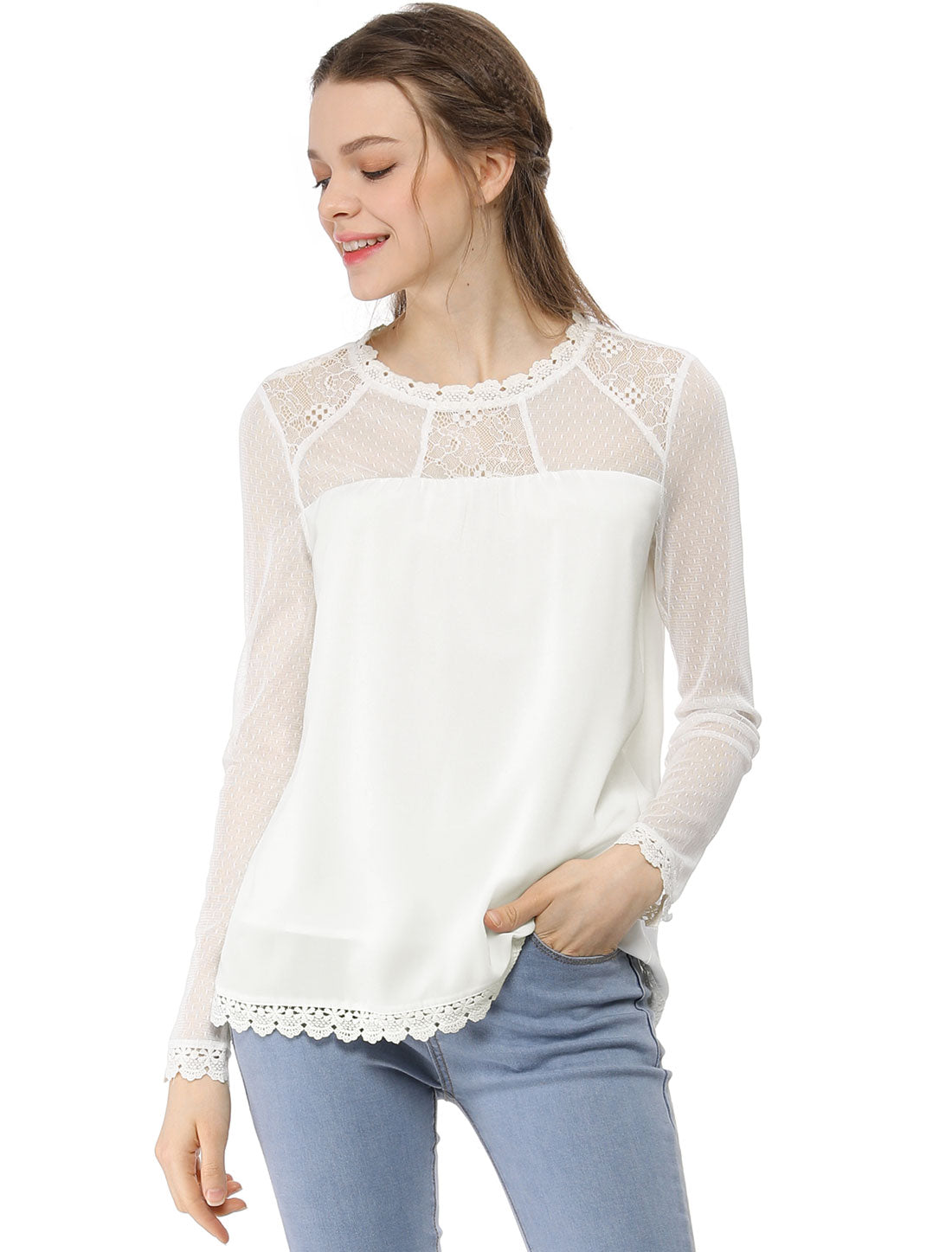 Women's Chiffon Top Elegant Sheer Mesh Lace Long Sleeve Blouse