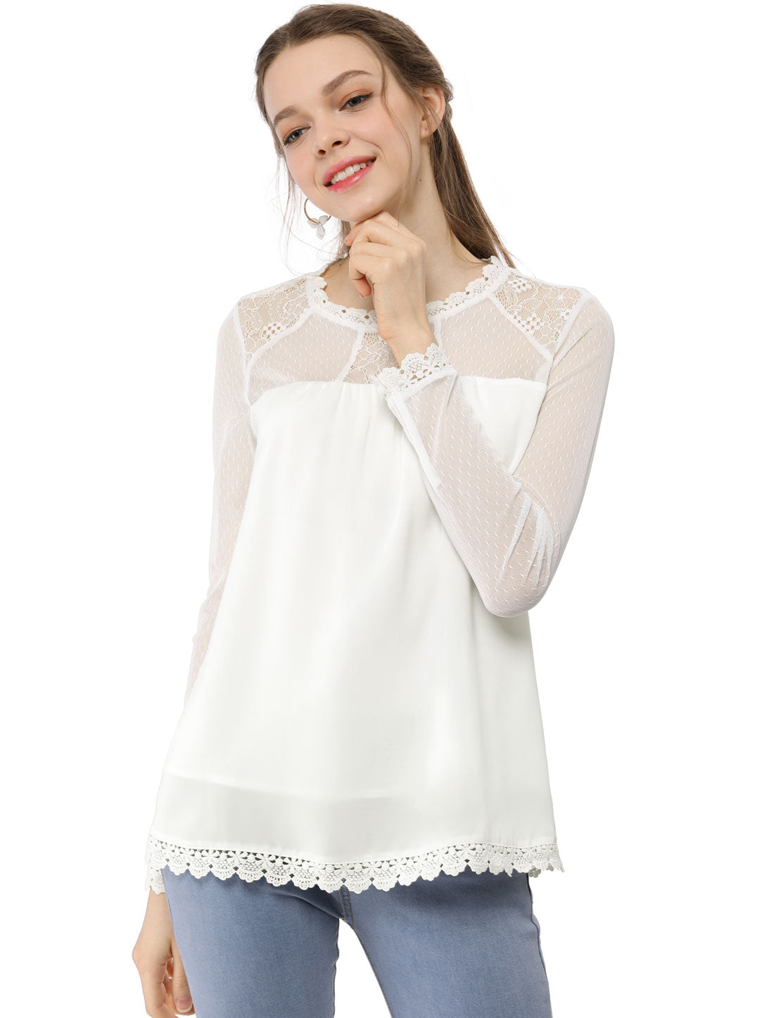 Women's Chiffon Top Elegant Sheer Mesh Lace Long Sleeve Blouse