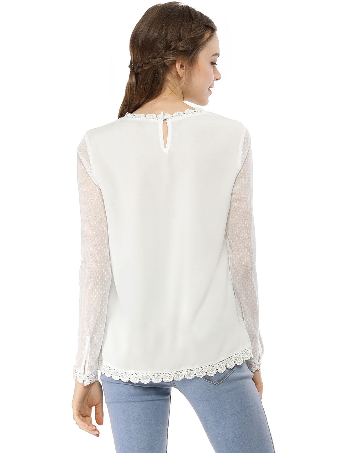 Women's Chiffon Top Elegant Sheer Mesh Lace Long Sleeve Blouse