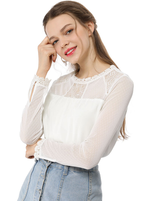 Women's Chiffon Top Elegant Sheer Mesh Lace Long Sleeve Blouse