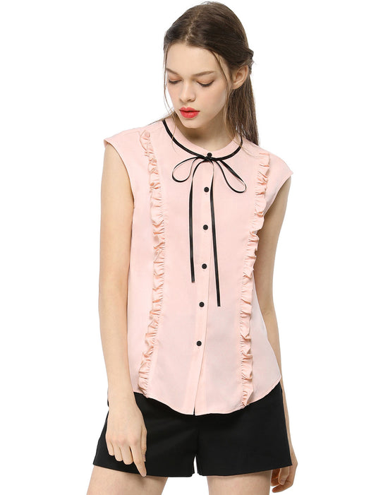 Women's Summer Tie Neck Ruffle Sleeveless Button Down Blouse Shirt