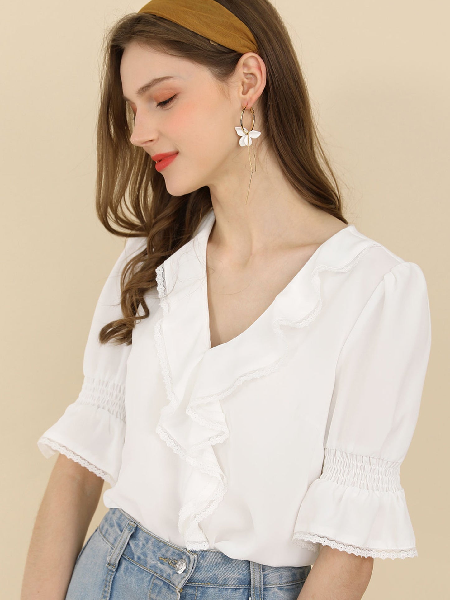 Women's Ruffle V Neck Puff Sleeve Blouse Summer Casual Chiffon Top (Available in Plus Size)