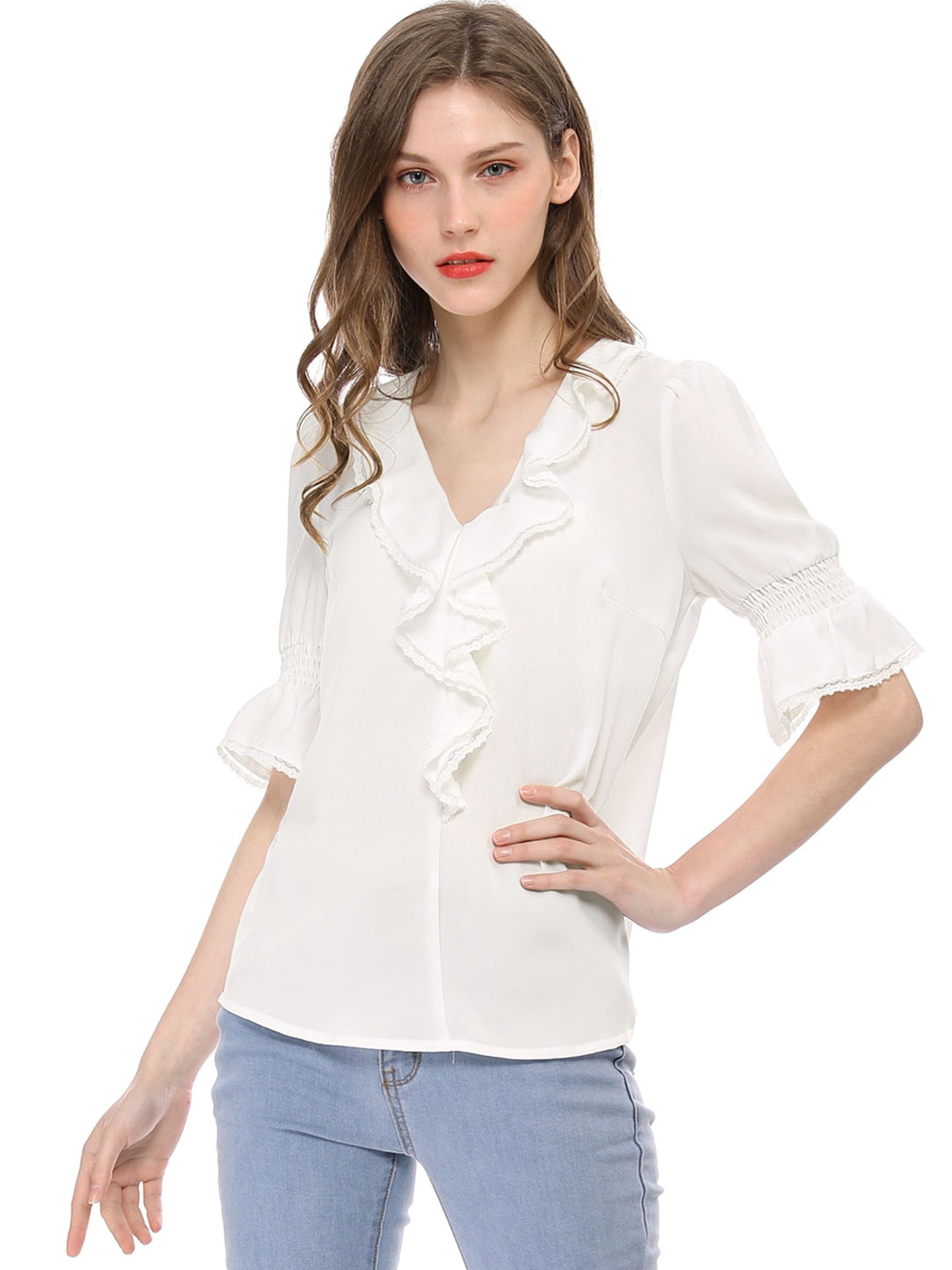 Women's Ruffle V Neck Puff Sleeve Blouse Summer Casual Chiffon Top (Available in Plus Size)