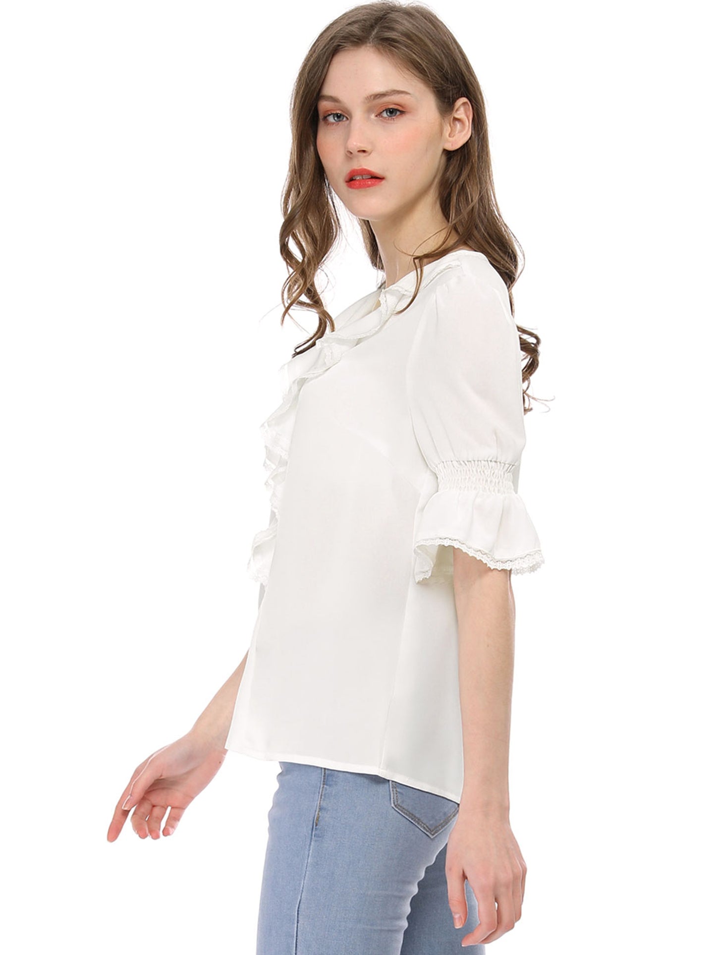Women's Ruffle V Neck Puff Sleeve Blouse Summer Casual Chiffon Top (Available in Plus Size)
