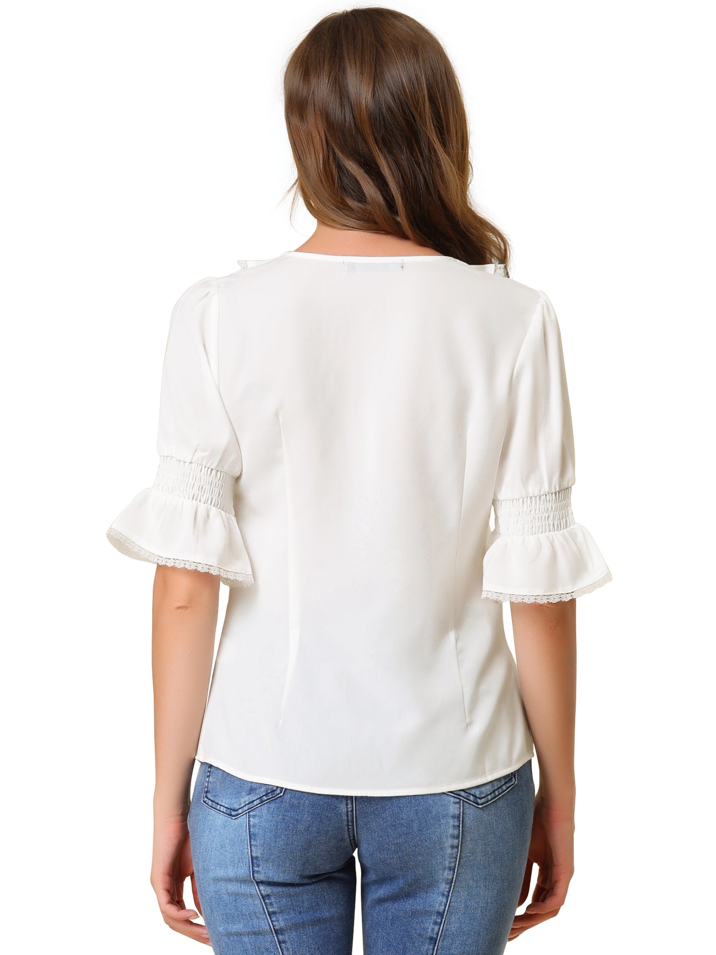 Women's Ruffle V Neck Puff Sleeve Blouse Summer Casual Chiffon Top (Available in Plus Size)
