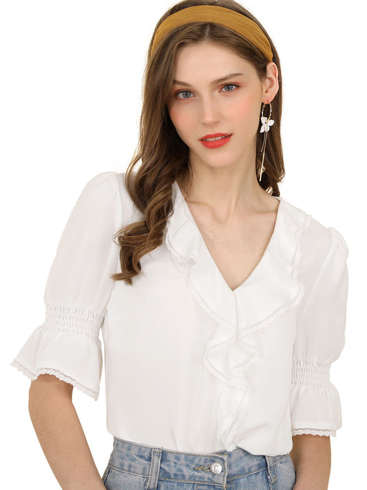 Women's Ruffle V Neck Puff Sleeve Blouse Summer Casual Chiffon Top (Available in Plus Size)