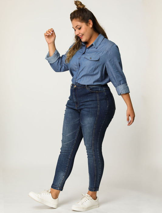 Women's Plus Size Denim Shirt Long Sleeves Chest Pocket Button Down Chambray Shirt