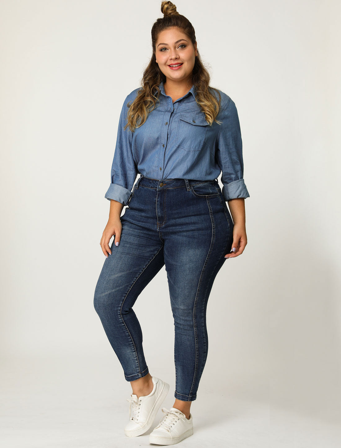 Women's Plus Size Denim Shirt Long Sleeves Chest Pocket Button Down Chambray Shirt
