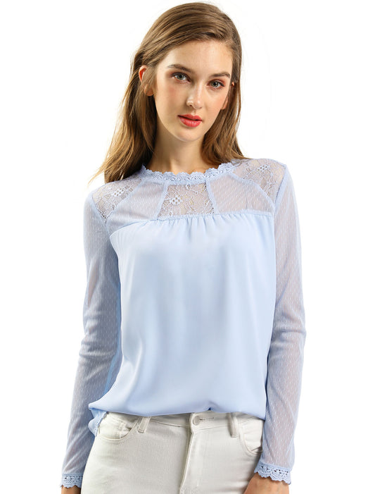Women's Chiffon Top Elegant Sheer Mesh Lace Long Sleeve Blouse