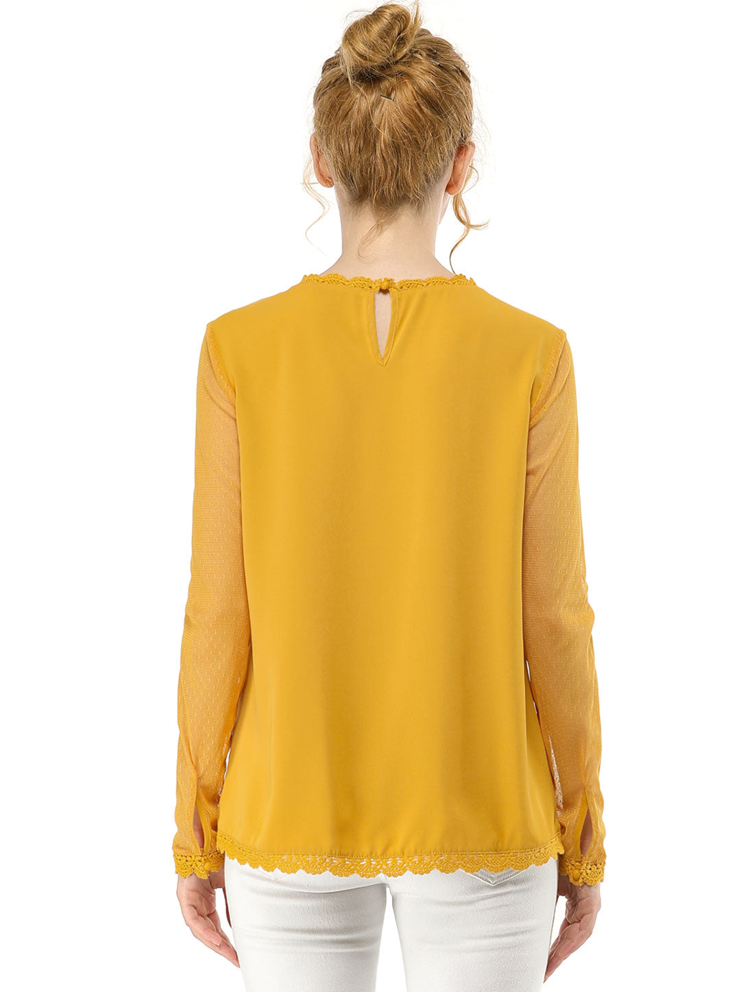 Women's Chiffon Top Elegant Sheer Mesh Lace Long Sleeve Blouse