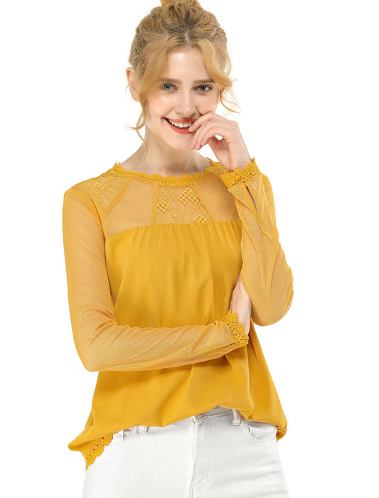 Women's Chiffon Top Elegant Sheer Mesh Lace Long Sleeve Blouse