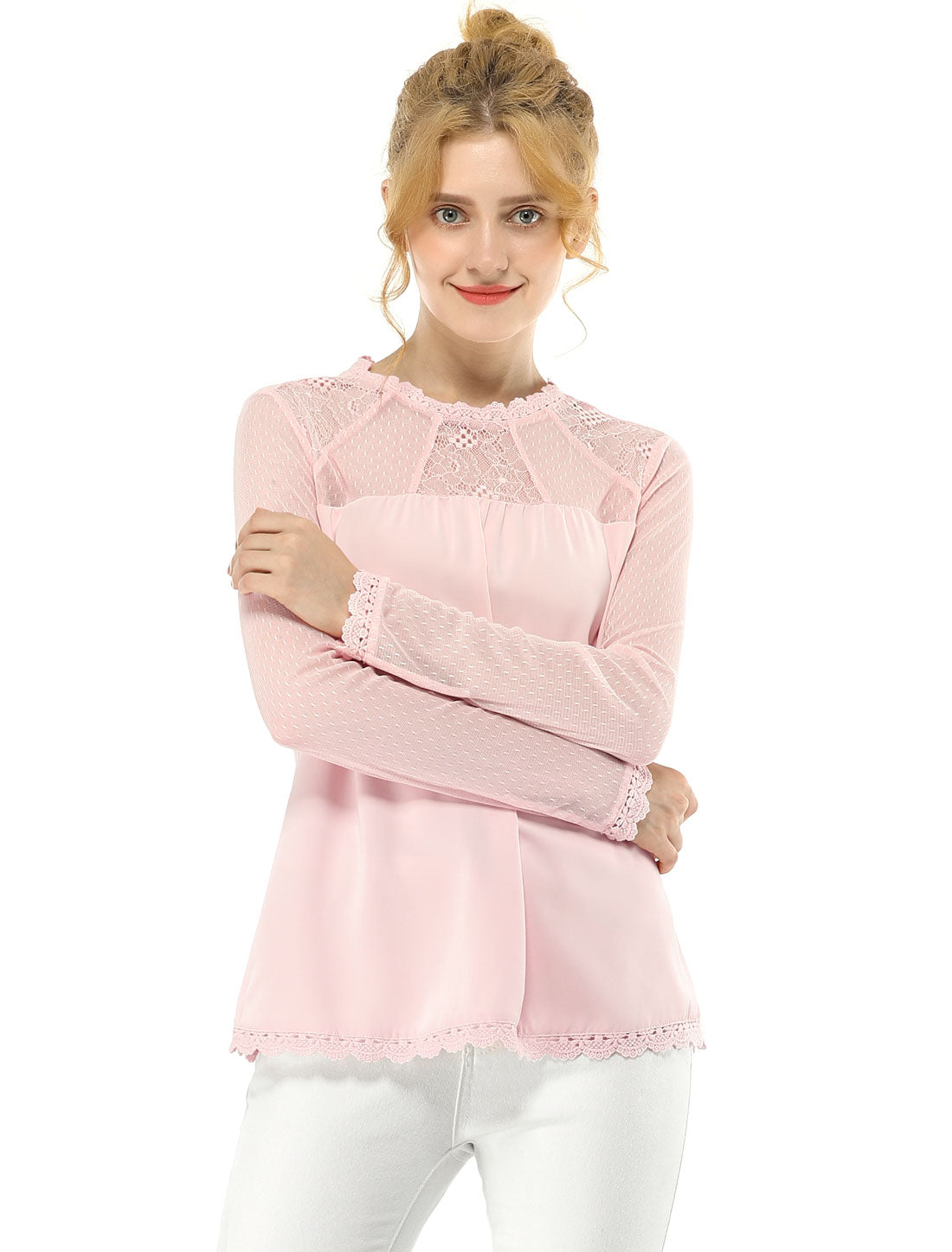 Women's Chiffon Top Elegant Sheer Mesh Lace Long Sleeve Blouse (Available in Plus Size)