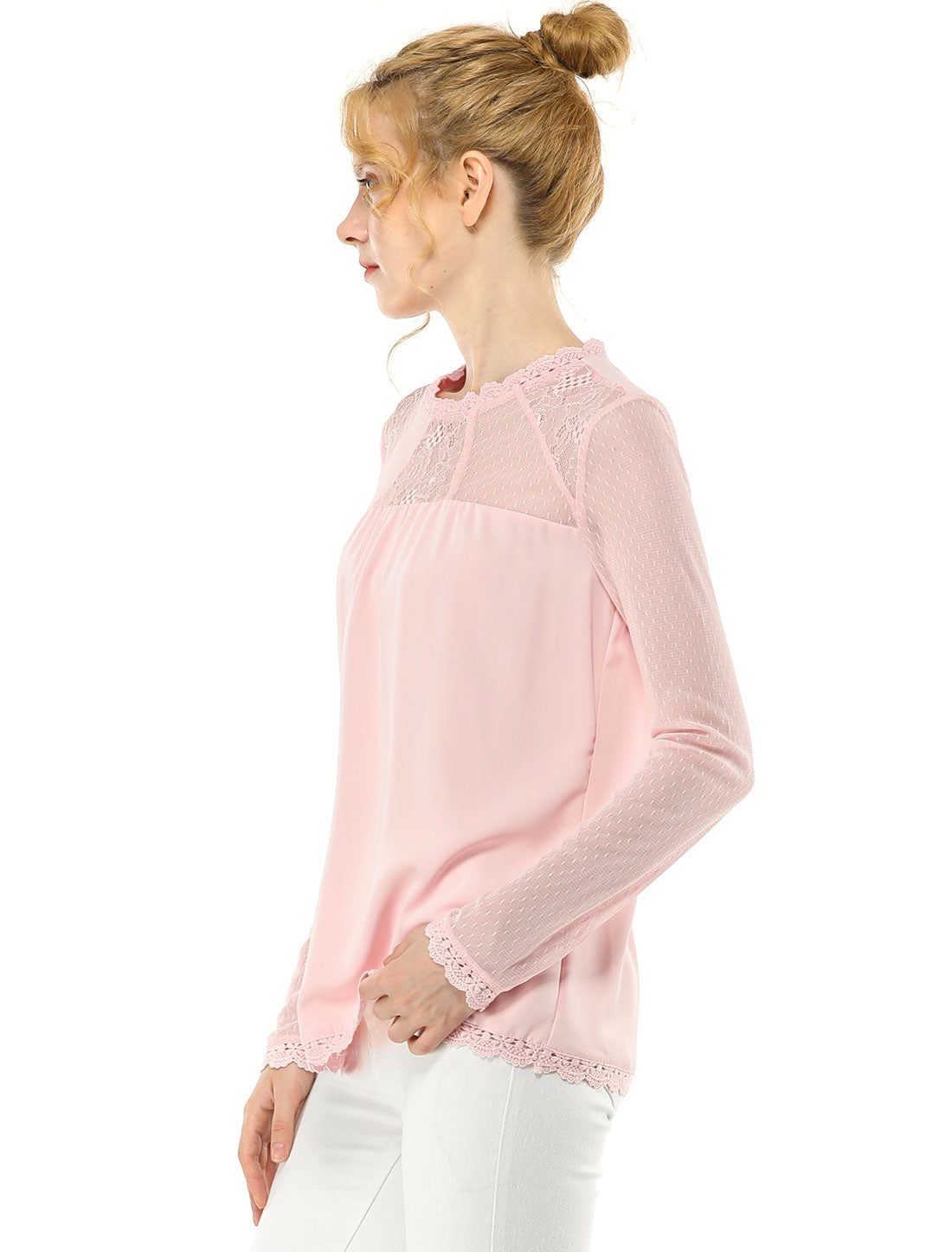 Women's Chiffon Top Elegant Sheer Mesh Lace Long Sleeve Blouse (Available in Plus Size)