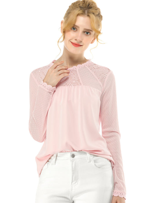 Women's Chiffon Top Elegant Sheer Mesh Lace Long Sleeve Blouse (Available in Plus Size)