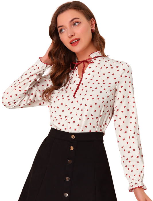 Women's Bow Tie Neck Blouse Ruffled Collar Printed Long Sleeve Top