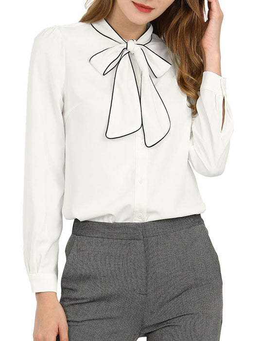 Women's Long Sleeve Bow Tie Button Down Business Casual Blouse Shirt (Available in Plus Size)