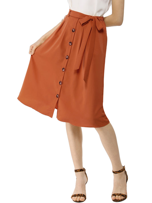 Women's High Waist Button Front Belted A-Line Casual Midi Skirt