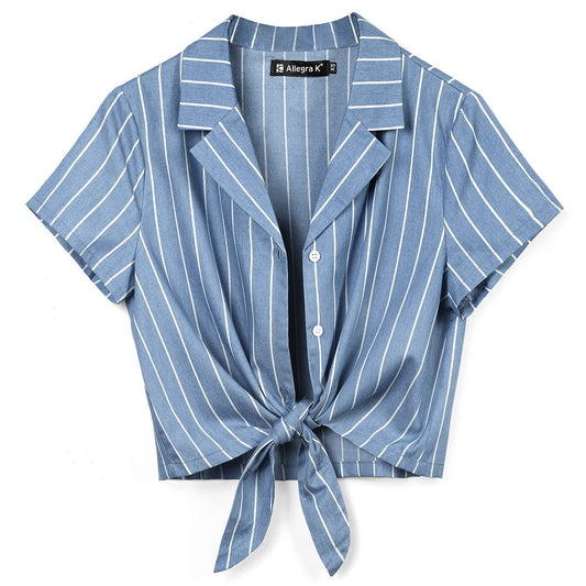 Women's Retro Striped Button Up Short Sleeve Tie Front Crop Shirt