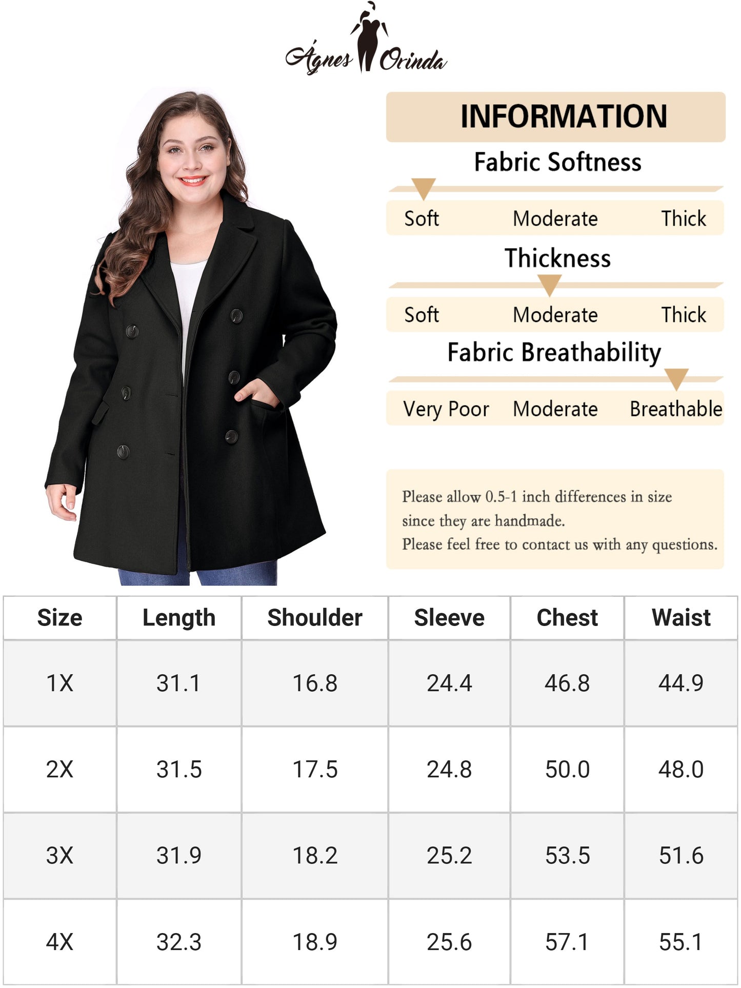 Women's Plus Size Notched Lapel Double Breasted Coat