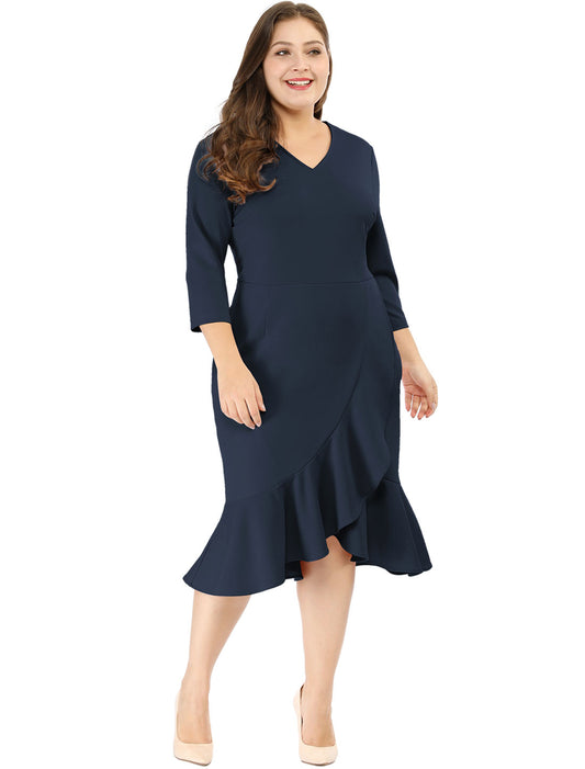 Women's Plus Size Business Ruffled Dress 3/4 Sleeve Office Work Cocktail Dresses Party Wrap Dress