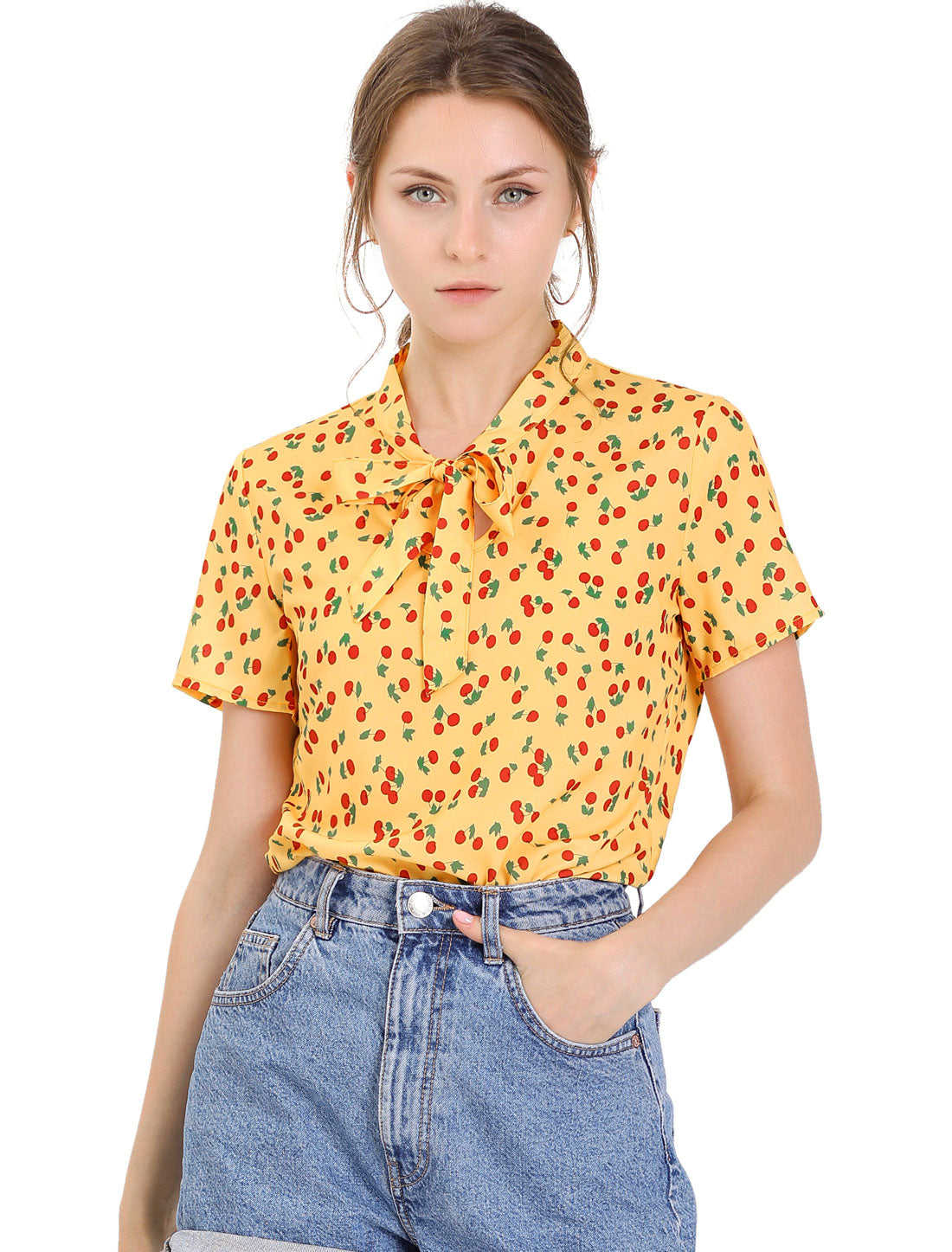 Women's Bow Tie Neck Short Sleeve Printed Chiffon Blouse