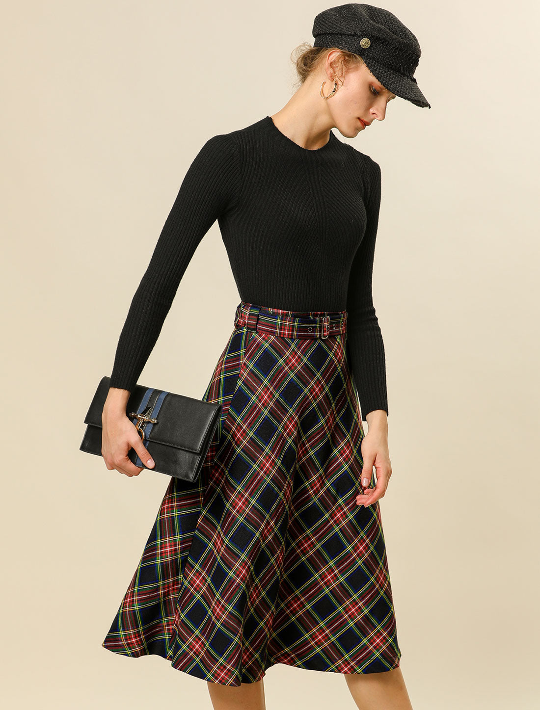 Women's Tartan Plaid High Waist Belted Vintage A-Line Midi Skirt (Available in Plus Size)