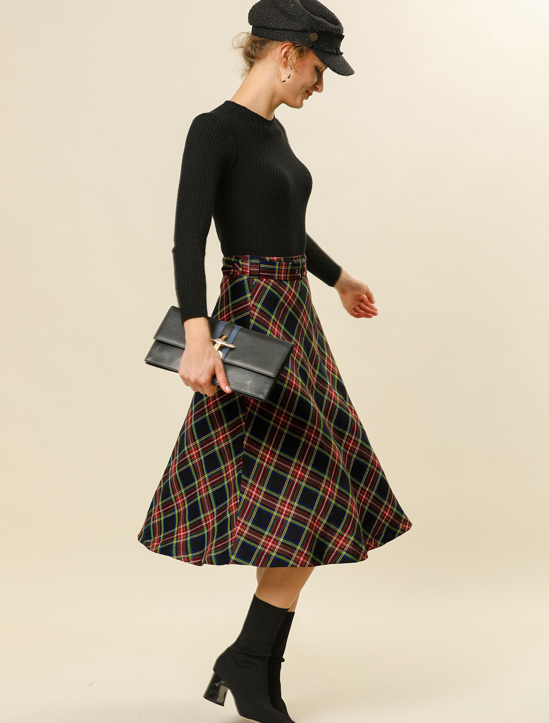 Women's Tartan Plaid High Waist Belted Vintage A-Line Midi Skirt (Available in Plus Size)