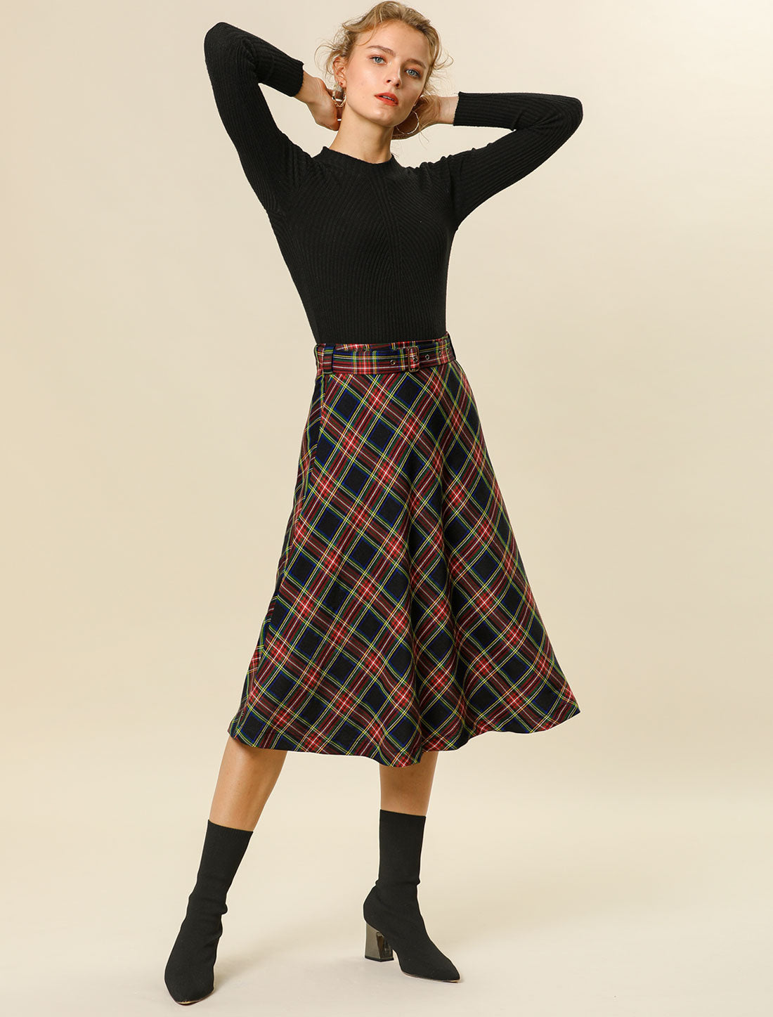 Women's Tartan Plaid High Waist Belted Vintage A-Line Midi Skirt (Available in Plus Size)