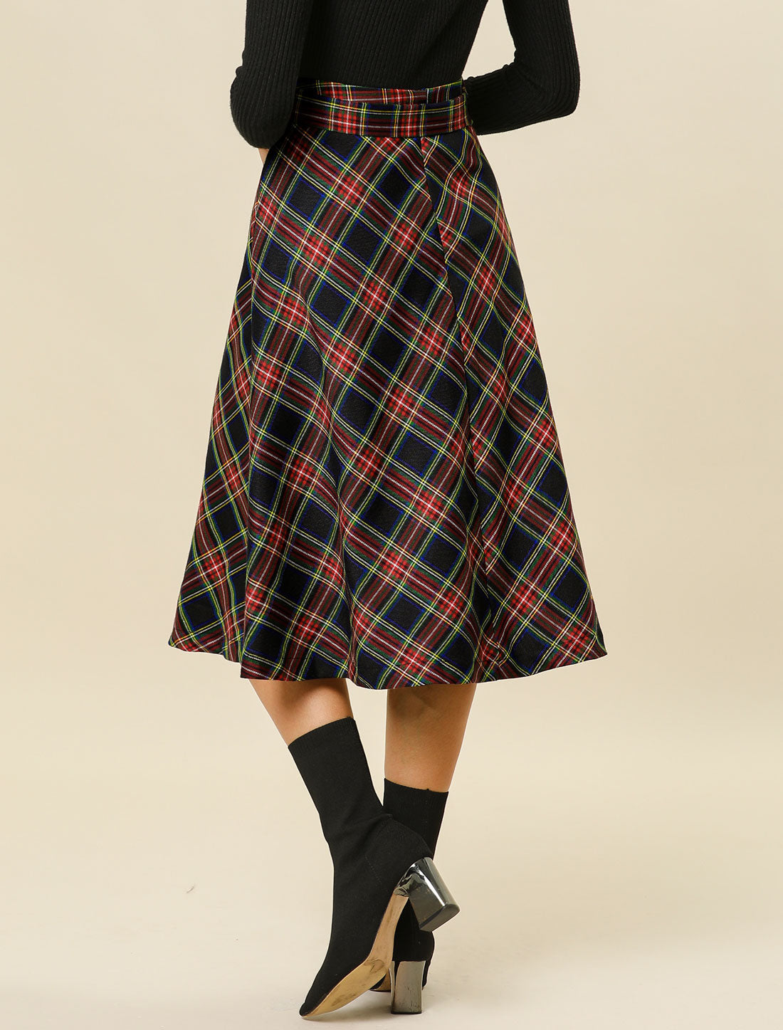 Women's Tartan Plaid High Waist Belted Vintage A-Line Midi Skirt (Available in Plus Size)