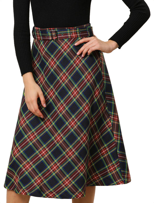 Women's Tartan Plaid High Waist Belted Vintage A-Line Midi Skirt (Available in Plus Size)