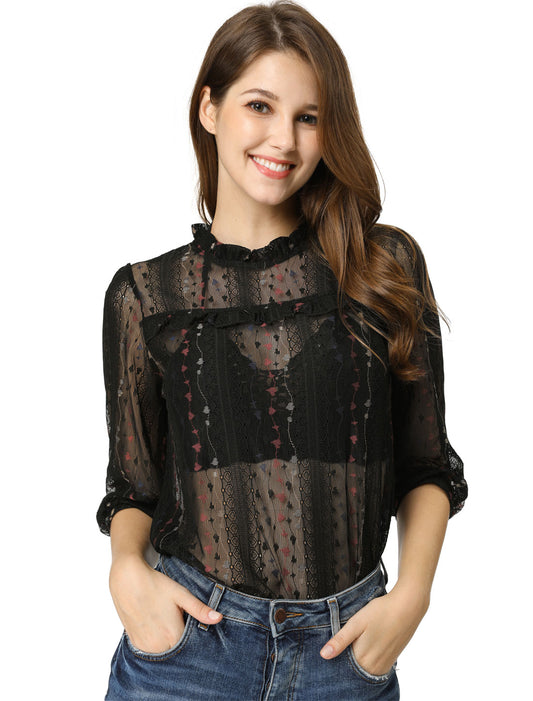 Women's 3/4 Sleeves Ruffle Mock Neck Sheer Lace Top