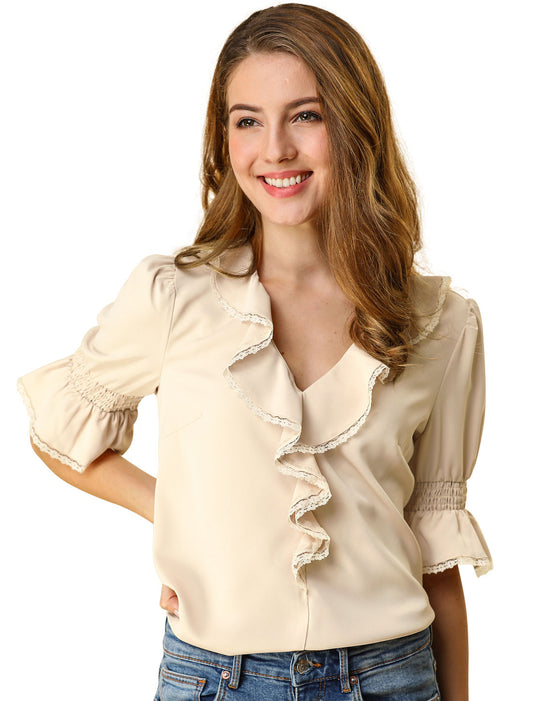 Women's Ruffle V Neck Puff Sleeve Blouse Summer Casual Chiffon Top (Available in Plus Size)