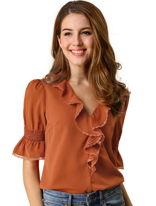 Women's Ruffle V Neck Puff Sleeve Blouse Summer Casual Chiffon Top (Available in Plus Size)