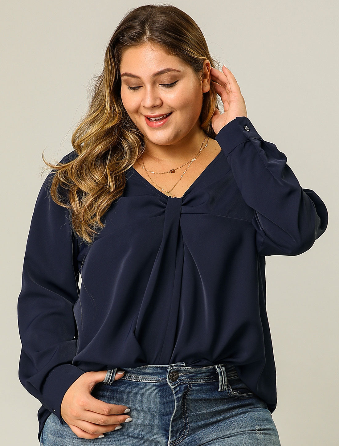 Women's Plus Size Blouses V Neck Twist Knot Button Long Sleeve Top