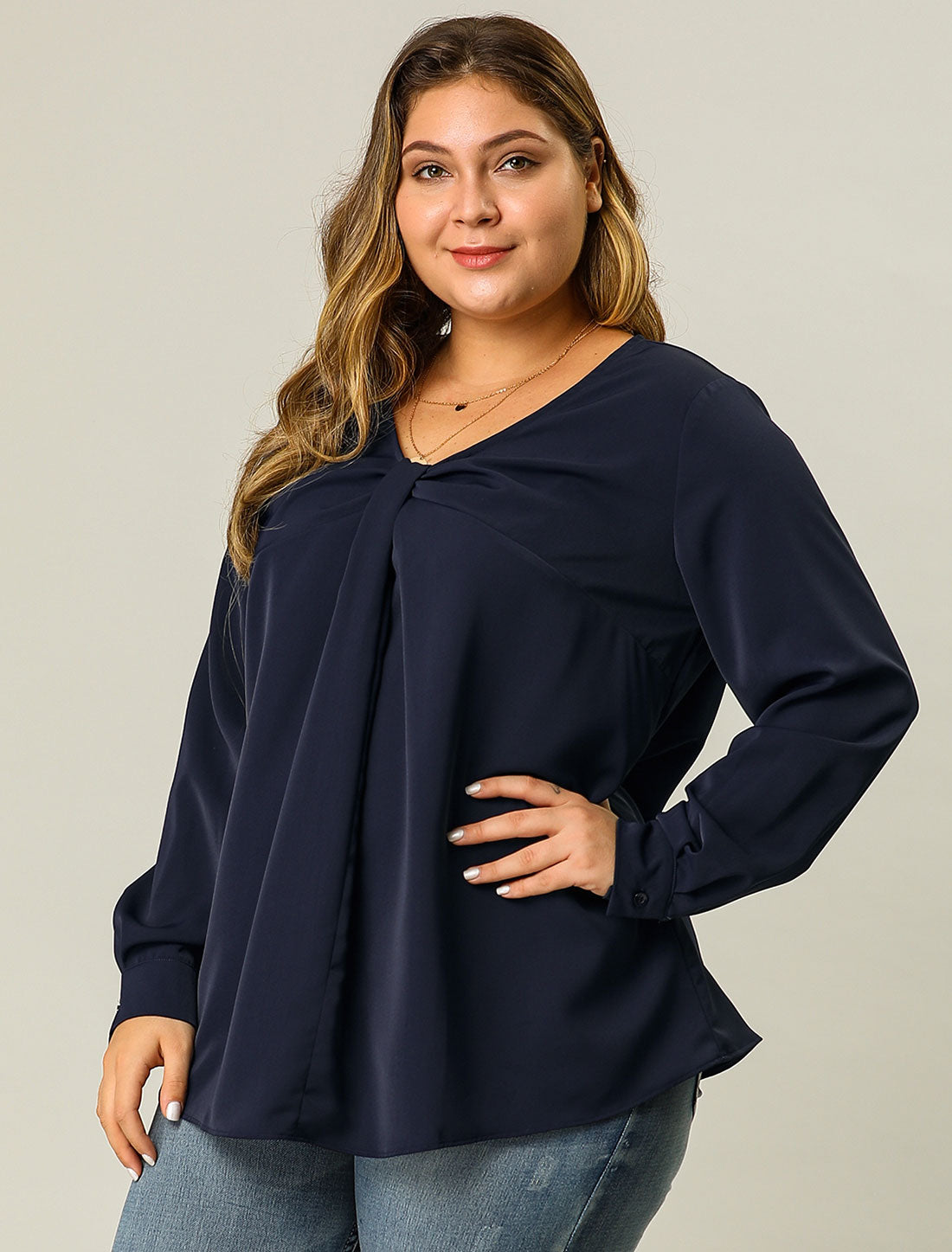 Women's Plus Size Blouses V Neck Twist Knot Button Long Sleeve Top