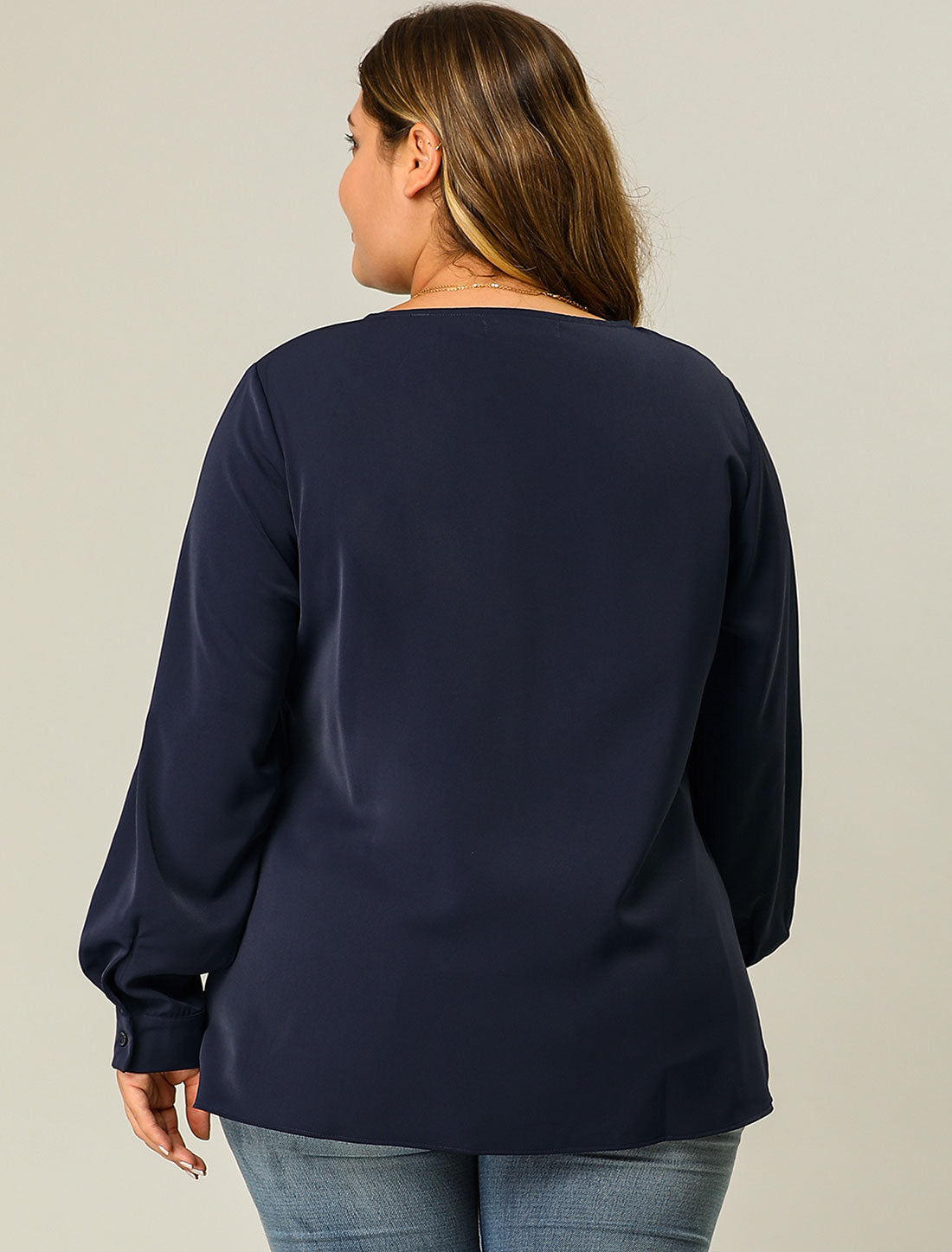 Women's Plus Size Blouses V Neck Twist Knot Button Long Sleeve Top