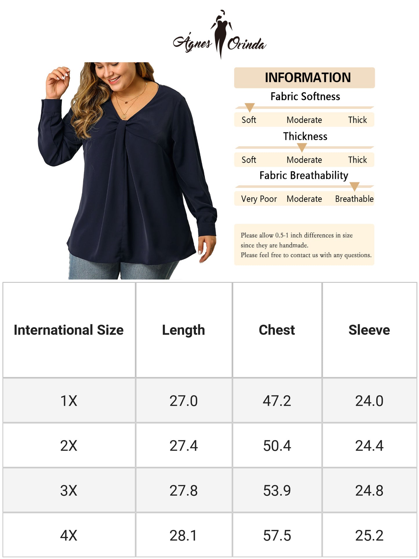 Women's Plus Size Blouses V Neck Twist Knot Button Long Sleeve Top