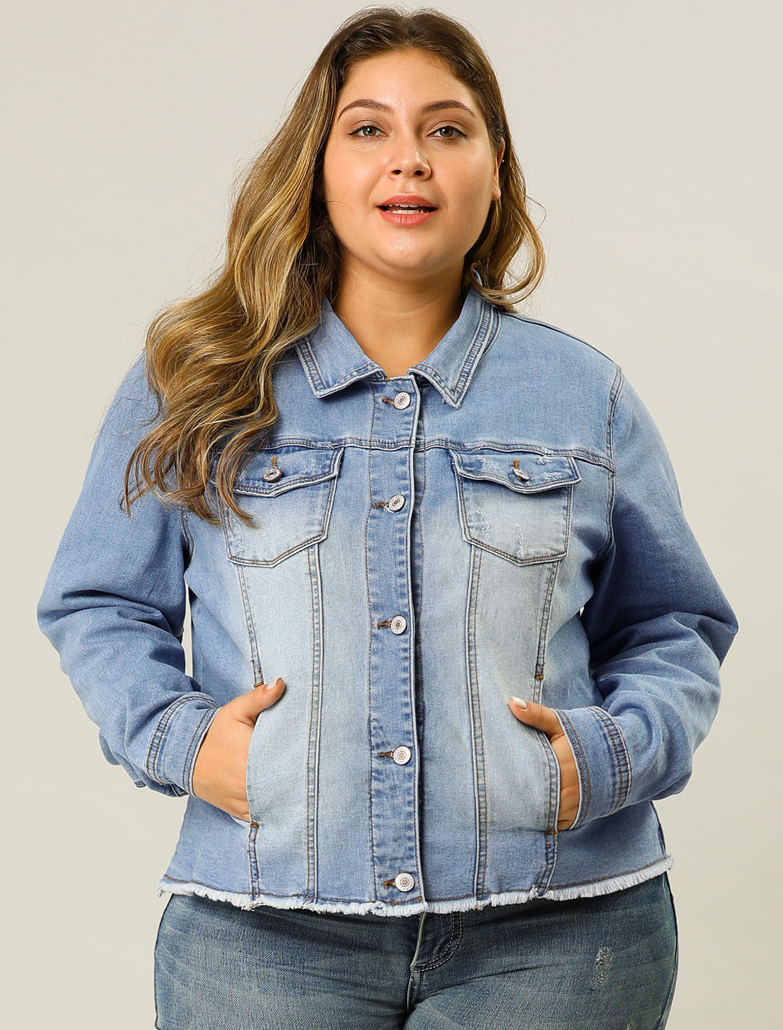 Women's Plus Size Classic Washed Front Frayed Denim Jacket