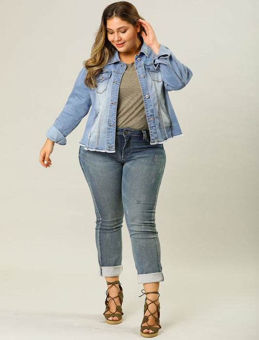 Women's Plus Size Classic Washed Front Frayed Denim Jacket
