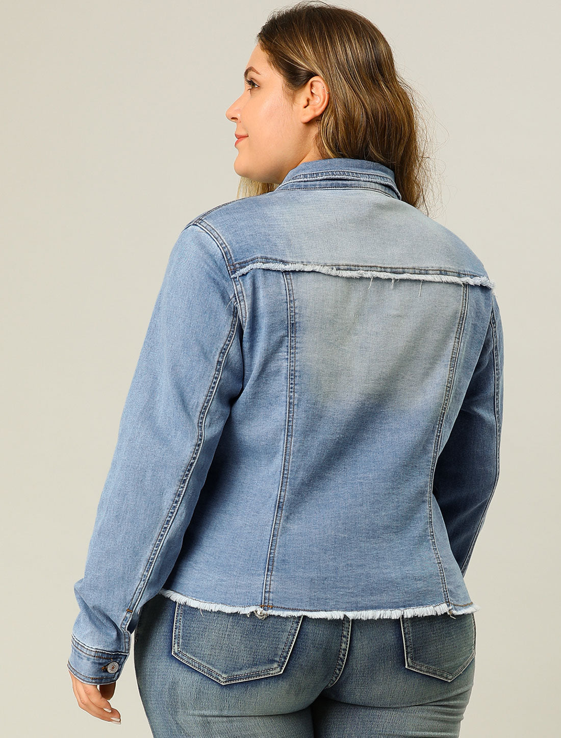 Women's Plus Size Classic Washed Front Frayed Denim Jacket