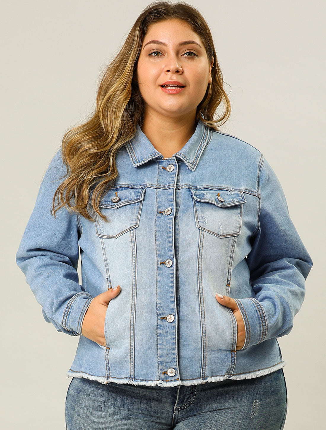 Agnes Orinda Plus Size Classic Washed Front Frayed Denim Jacket Light Blue