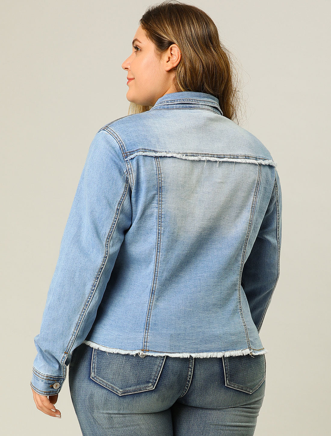 Agnes Orinda Plus Size Classic Washed Front Frayed Denim Jacket Light Blue