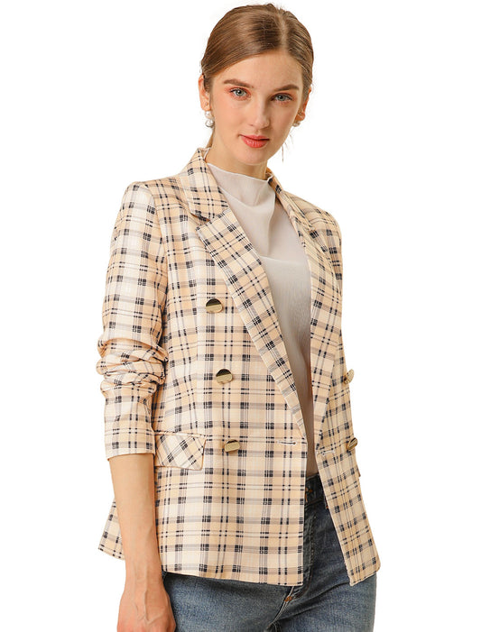 Women's Notched Lapel Double Breasted Plaid Blazer Jacket