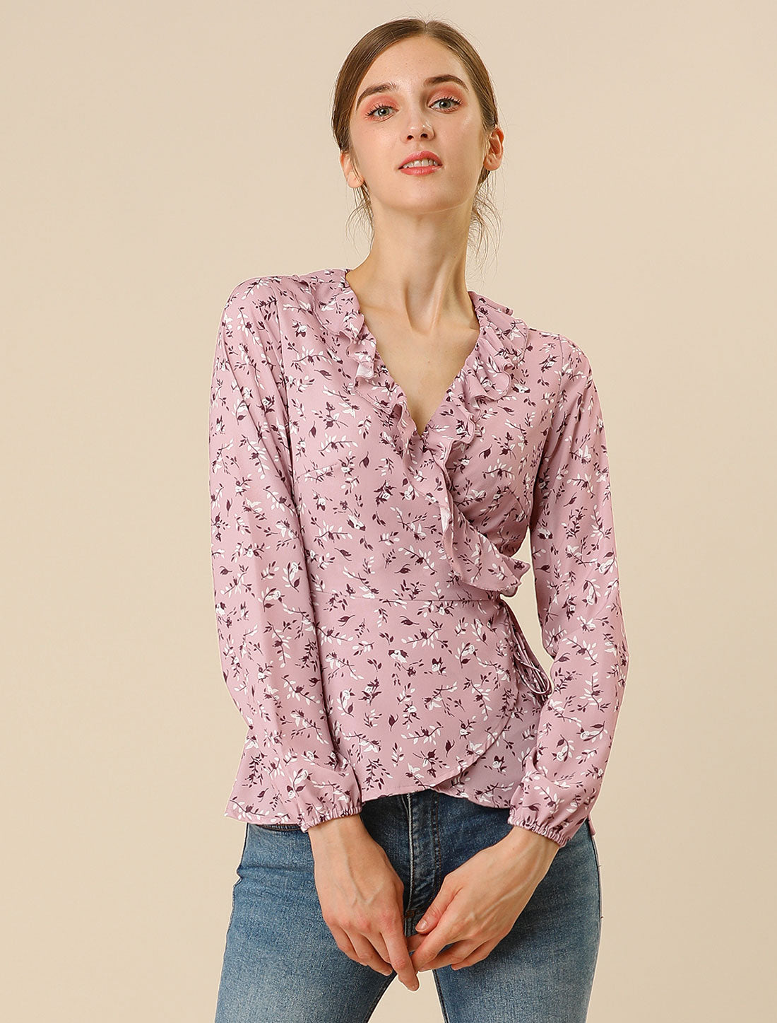 Women's Floral V Neck Wrap Top Long Sleeve Tie Waist Ruffle Peplum Blouse