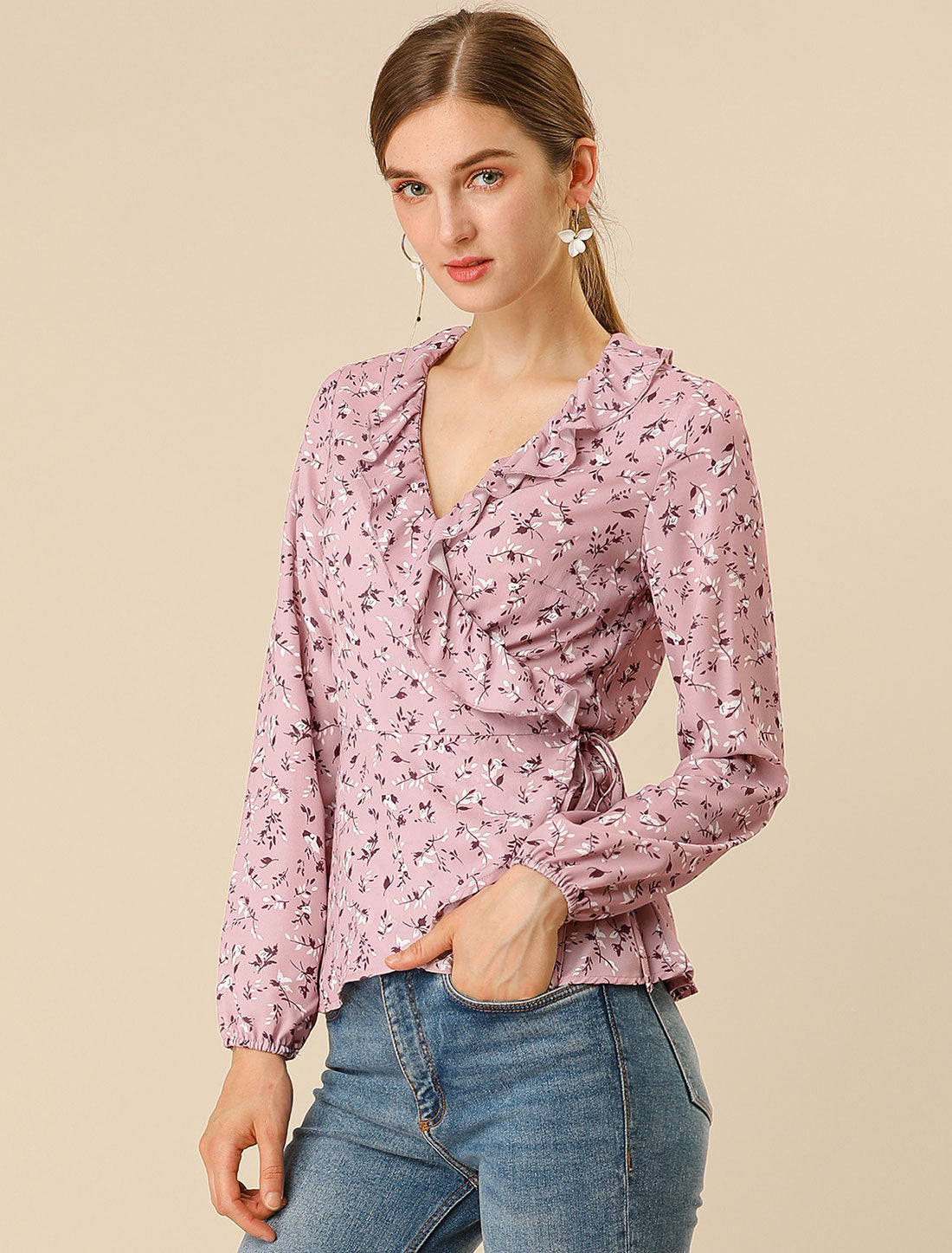 Women's Floral V Neck Wrap Top Long Sleeve Tie Waist Ruffle Peplum Blouse