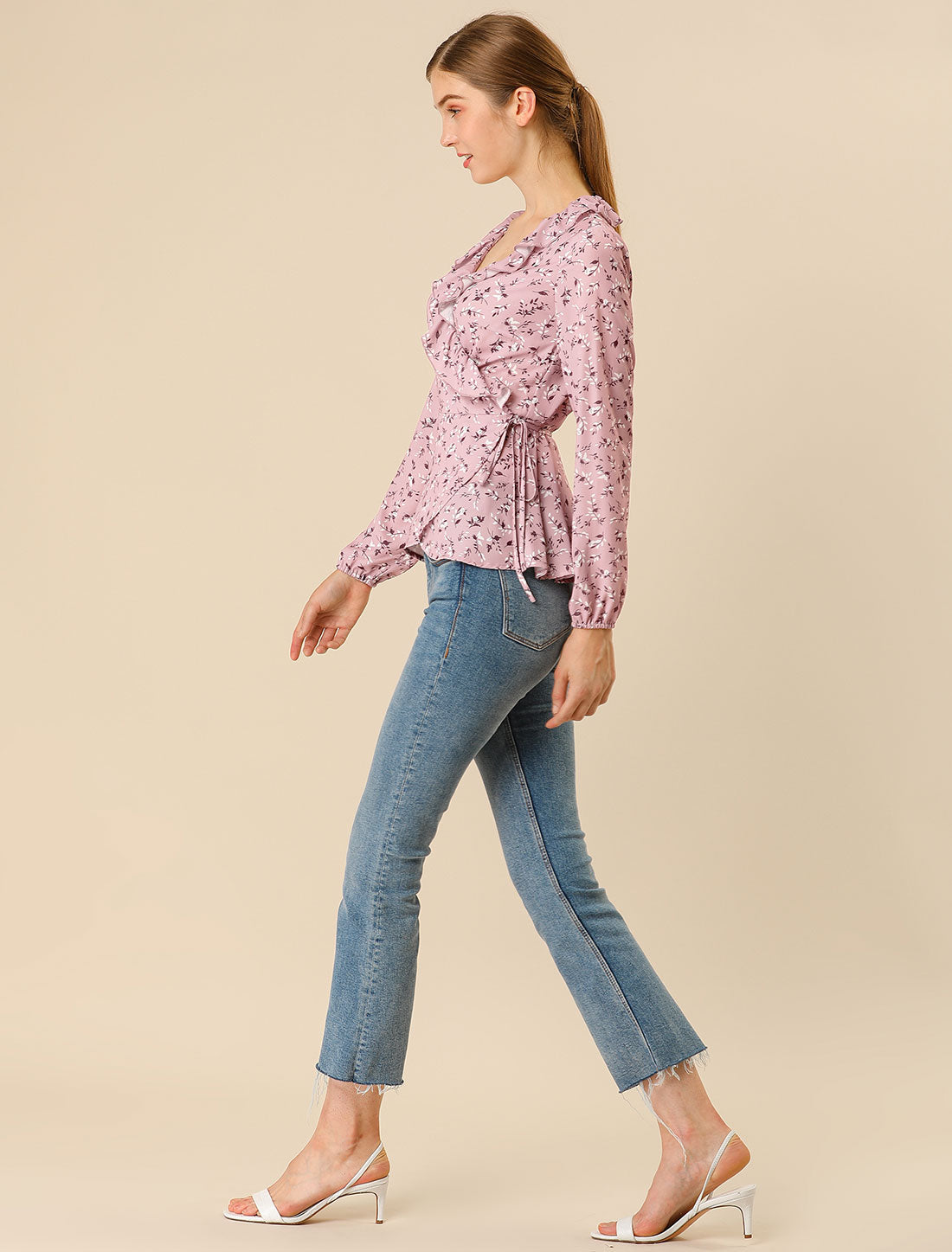 Women's Floral V Neck Wrap Top Long Sleeve Tie Waist Ruffle Peplum Blouse