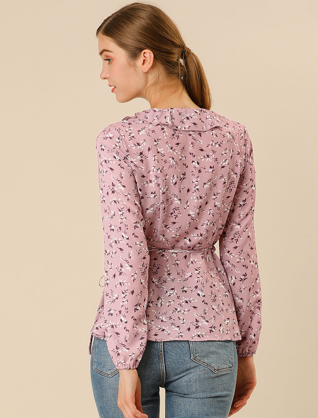 Women's Floral V Neck Wrap Top Long Sleeve Tie Waist Ruffle Peplum Blouse