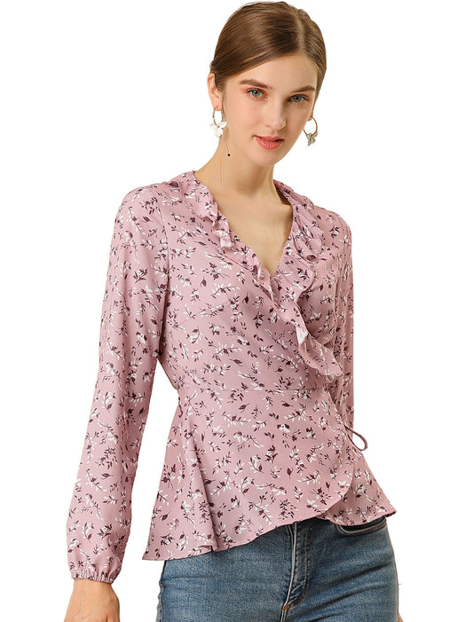 Women's Floral V Neck Wrap Top Long Sleeve Tie Waist Ruffle Peplum Blouse