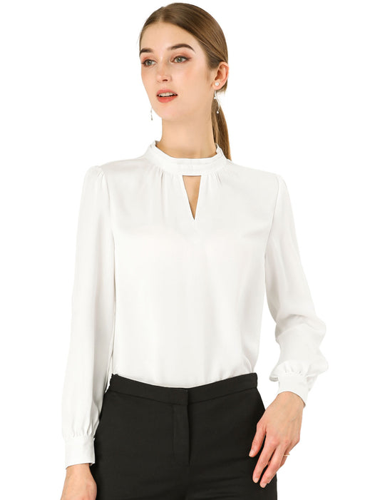 Women's Work Tops Business Casual Shirt Elegant Stand Collar Keyhole Long Sleeve Blouse (Available in Plus Size)